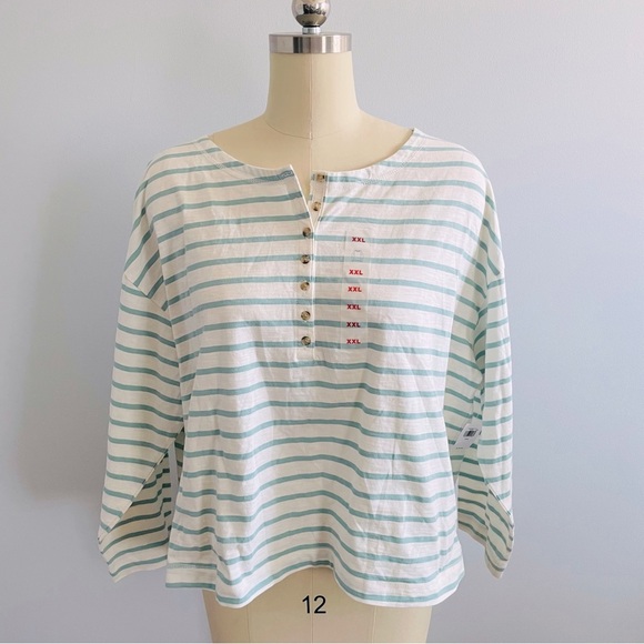 Old Navy Cropped Loose Mariner-Stripe Long-Sleeve Henley Tee- Jade- Size XXL-NWT - Picture 2 of 10